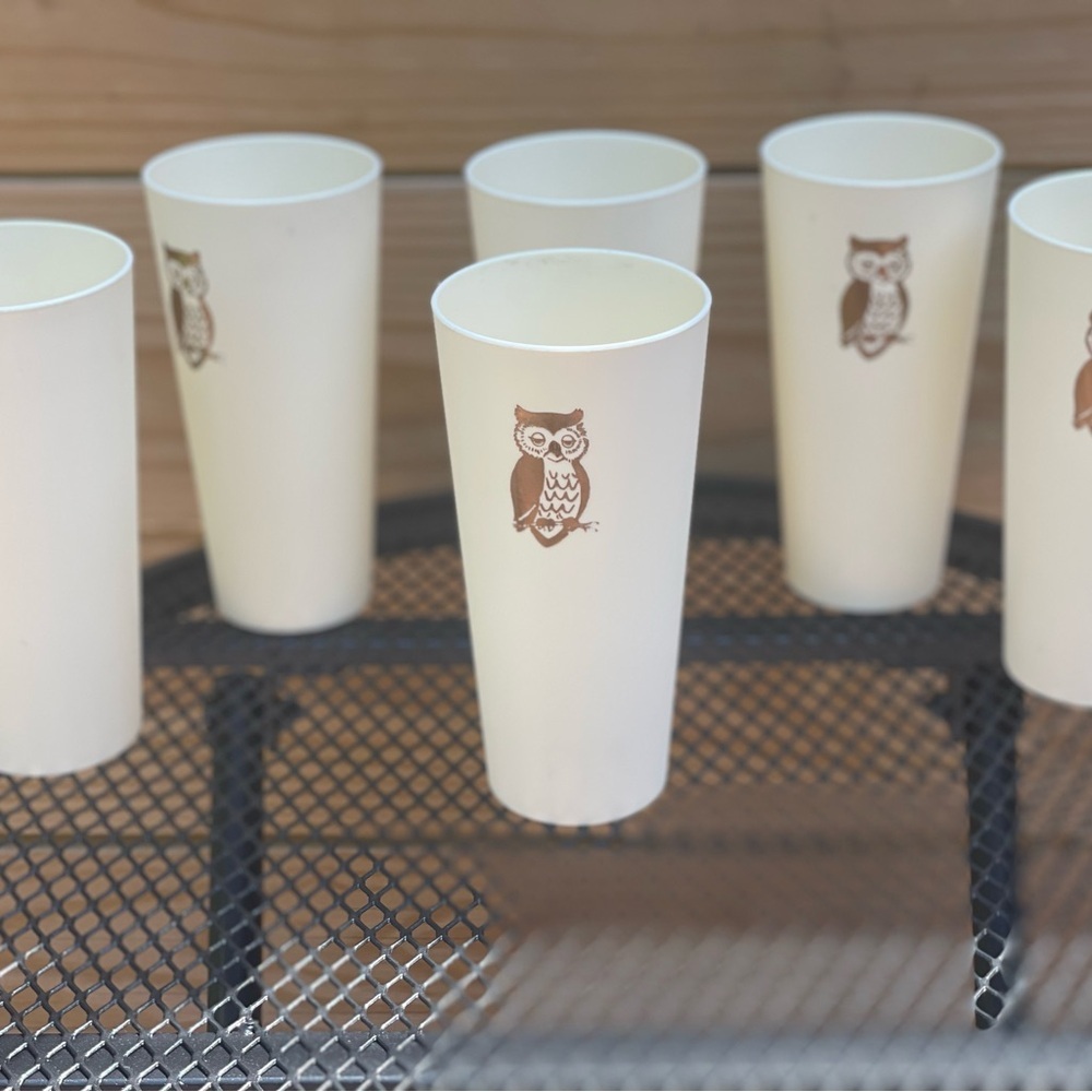 Set of 6 Vintage Nasco Cream Beige With Gold Owl Plastic Tumbler Drinking Cups